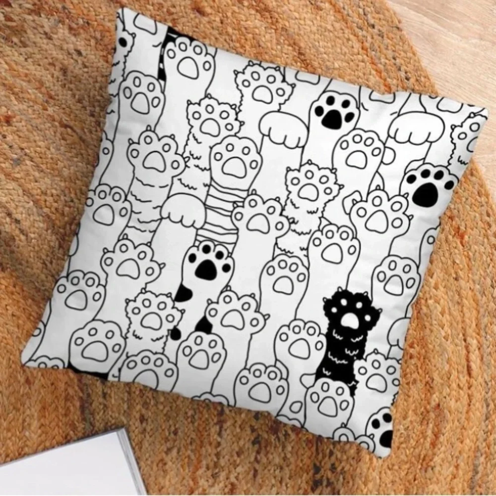 Pillow Cover Cat Paw Print Zip Closure Deco Large Black White Square 17.7 inch